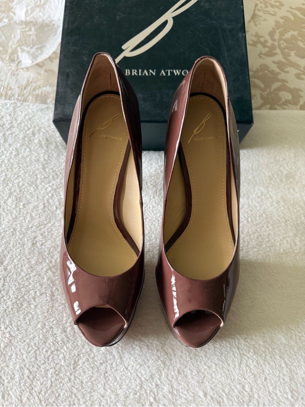 Brian Atwood Mauve-Brown Patent Peep-Toe Heels